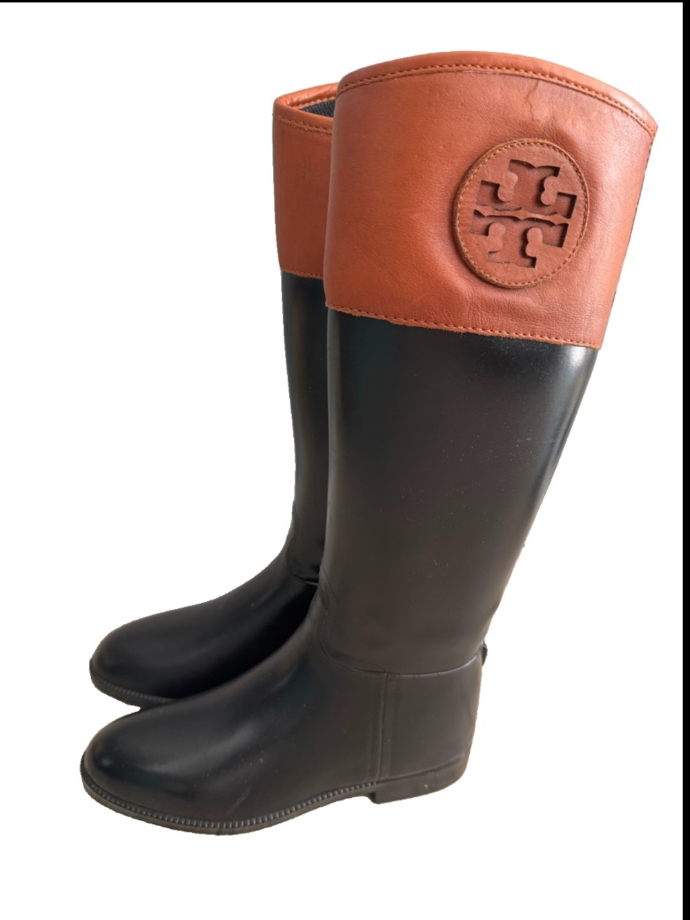 Tory Burch Black Brown Leather Knee High Riding Boots Logo Women’s Size 8
